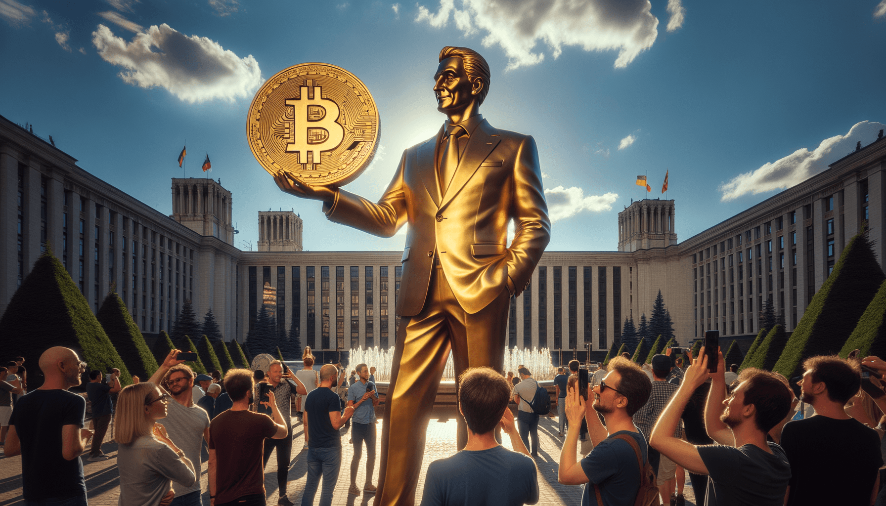 Una statua dorata di Trump con un Bitcoin: simbolo di sostegno o parodia delle crypto?