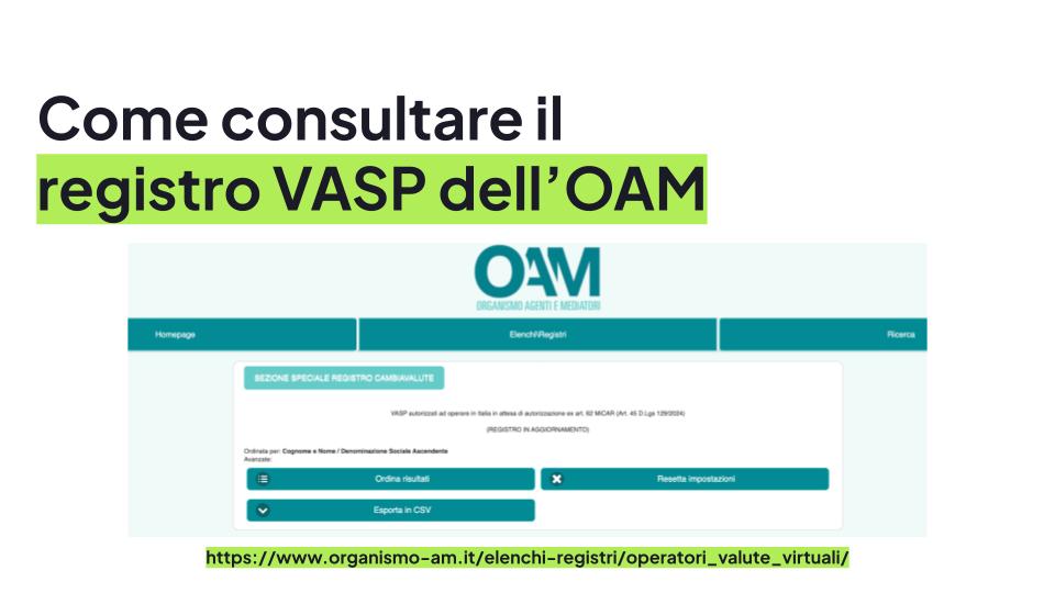 Come consultare il registro VASP dell'OAM — URL organismo-am.it